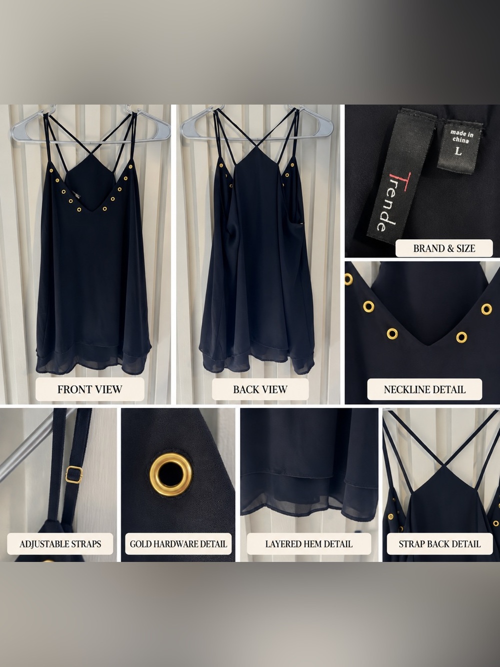 Tiered Black Cami with Gold Grommet Detail